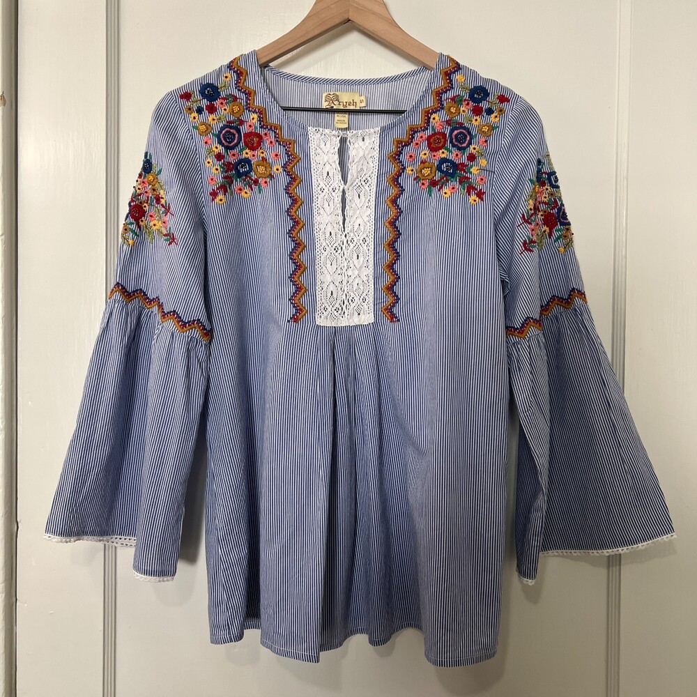 Aryeh Blue White Stripe Bell Sleeve Top Floral Beaded Embroidered - Women's S